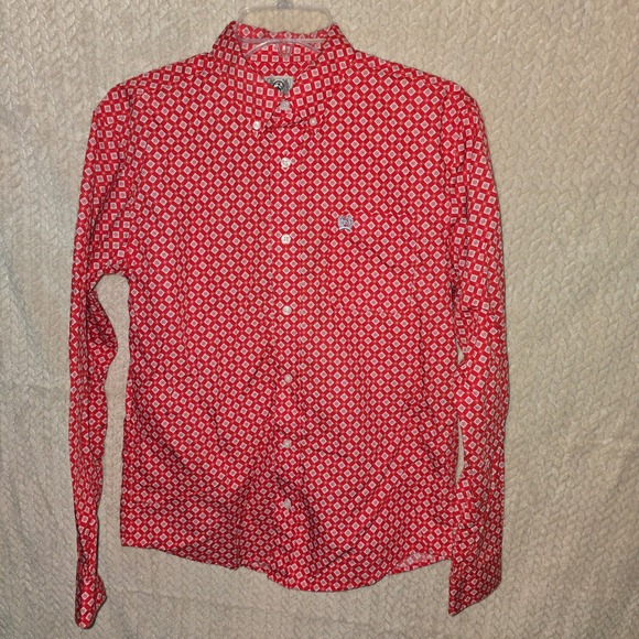 Cinch Kids Long Sleeve Button Up Western Shirt Red White Diamond Print XL 14 - Picture 2 of 8